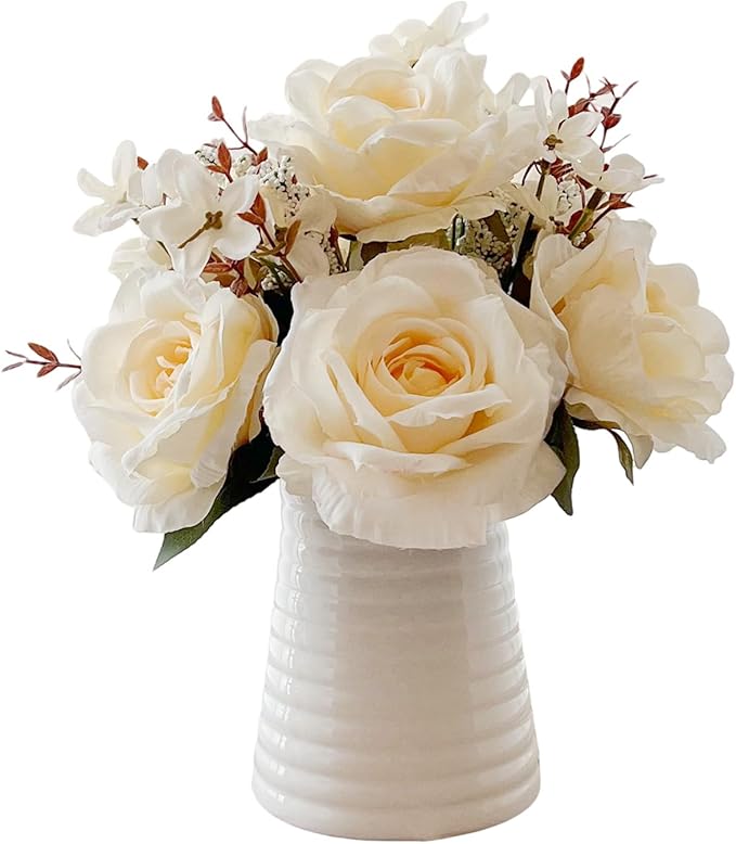 Elegant Artificial White Rose Bouquet in White Ceramic Ribbed Vase, Silk Floral Arrangement for Home Decor, Wedding Centerpiece, Living Room Decoration (White)