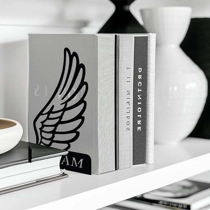 Peacoblue Metal Bookends for Shelves, Modern Decorative Heavy Duty Study Book Support Stoppers for Office, Desk, Shelf, Room 5.3"x4.3"x7.9" Cast Iron Simple Tall Bookends, 1 Pair (Wings)