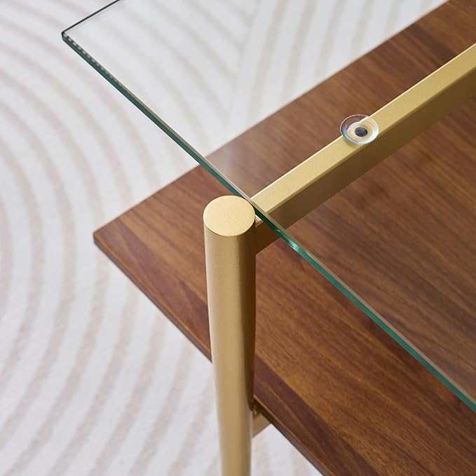 LumFurn Rectangle Coffee Table, Mid-Century Modern Design, L41 W21 x H17, for Living Room, 2-Tier Structure, Clear Glass Top and Walnut MDF Shelf, Sleek Conical Metal Legs with Gold Finish