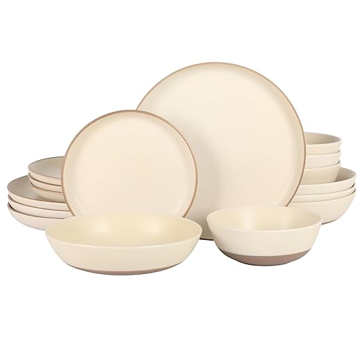 Gibson Elite Laguna Bliss 16 Piece Stoneware Reactive Glaze (Service for 4) Ceramic Plates and Bowls Dinnerware Set - Matte Cream White W/Terracotta Bottom