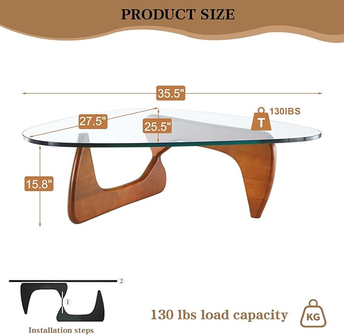 Coffee Table for Living Room &Small Space, 35.5″ Modern Glass Coffee Tables, Solid Wood Base, Triangle Tempered Glass Top, Curved Transitions, Funky Rustic Center Tables