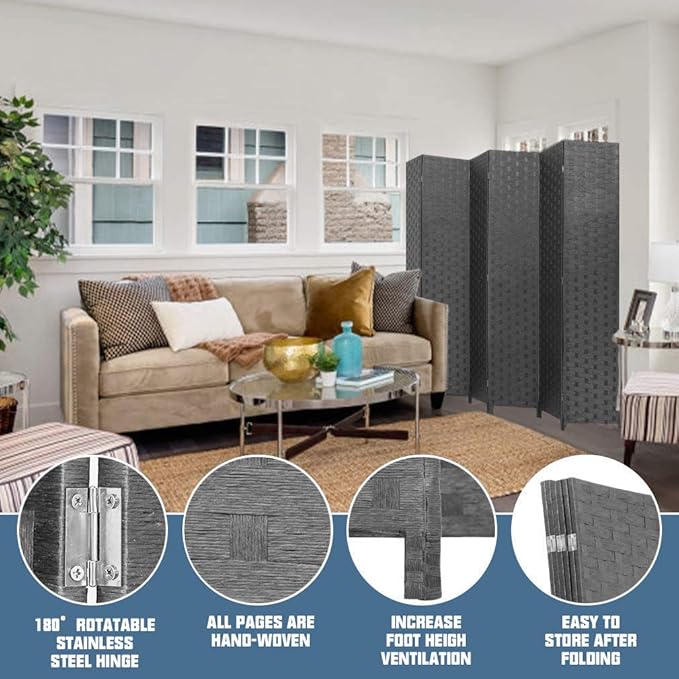 Room Dividers and Folding Privacy Screens 6 Panel 6 ft Foldable Portable Room Seperating Divider, Handwork Wood Mesh Woven Design Room Divider Wall, Room Partitions and Dividers Freestanding, Black
