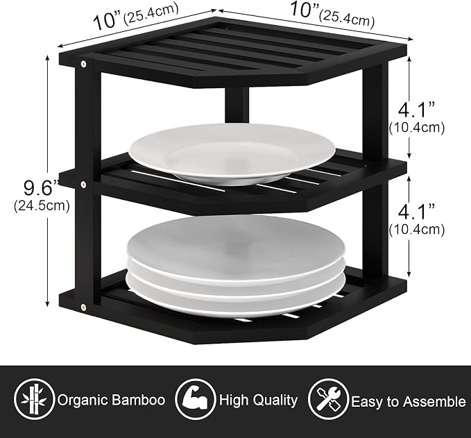 VERTORGAN 3 Tier Bamboo Corner Shelf,Dish Drying Rack,Plate Organizer,Kitchen Spice Rack for Countertop and Cabinet(Black)