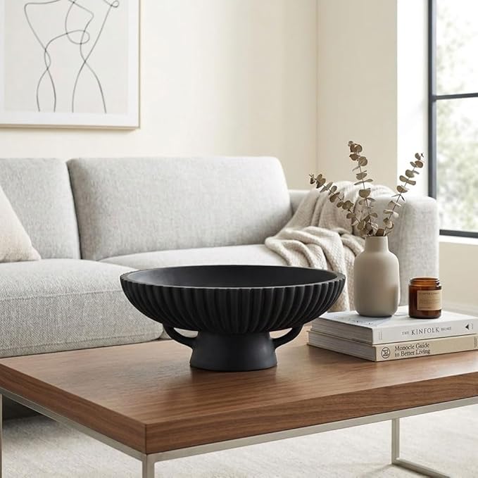 QIANLING Large Black Decorative Bowl - Modern Resin Pedestal Bowl for Home Decor, Fruit Bowl, Key & Snack Holder, Coffee Table, Entryway Table, Shelf, Side Table, Kitchen Counter, Bedroom Accent