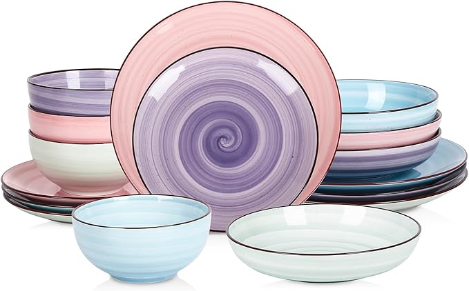 Selamica Ceramic 16-Pieces Dinnerware Set, Ceramic Dishes Set for 4, Kitchen Plates and Bowls Sets, Dinner Plates Set, Spray Black Dots, Gradient Color