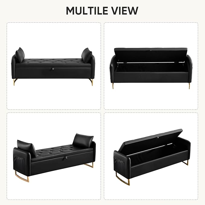65" Storage Bench for Bedroom, End of Bed Storage Bench King Size for Foot of Bed with Tufted Button and Gold Legs, Upholstered Faux Leather Window Ottoman Benches with Armrests, Black