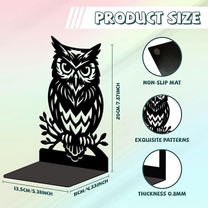 Peacoblue Metal Bookends for Shelves, Modern Decorative Heavy Duty Study Book Ends Stoppers for Office, Desk, Shelf, Room 5.3"x4.3"x7.9" Cast Iron Simple Tall Bookends 1 Pair (Owl on Tree Branch)