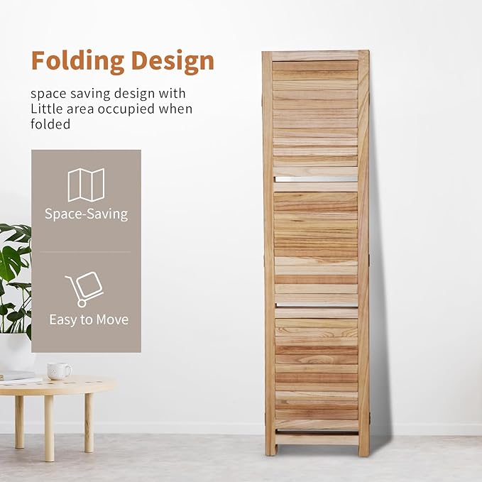 Room Divider 4 Panel Folding Wood 5.6 Ft Tall Privacy Screen Dividers Wall with Three Shelves Portable Partition (Natural)