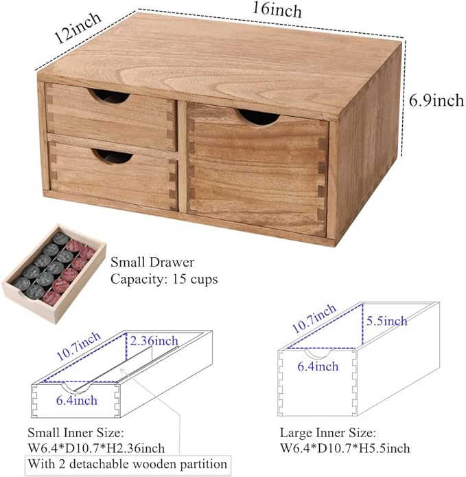 DDYURI Capsules Coffee Storage Drawer for Pod K-cup Holder - Counter Organizer for Kitchen Utensil Storage - Wood Desktop Coffee Brewer Accessories Stand CF2D3C-LT