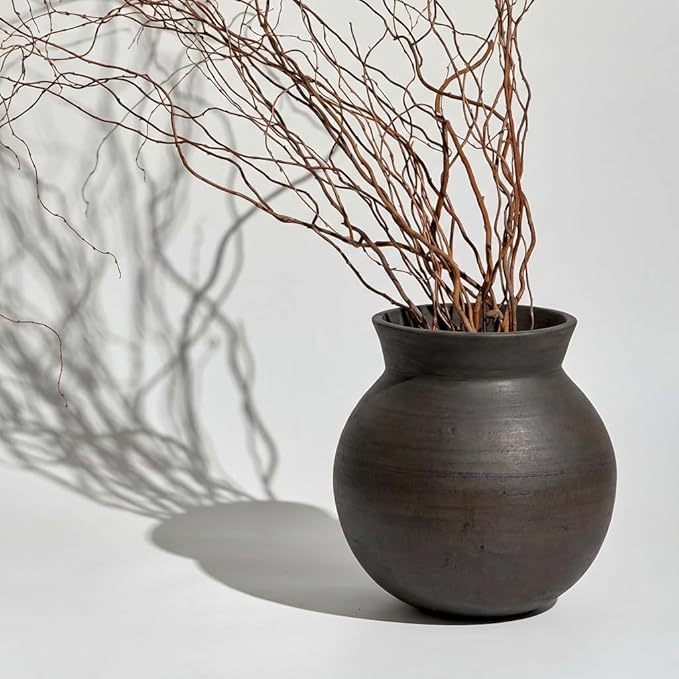 LB2 Brown Ceramic Large Vase, 13" Tall Zen Style vase, Terra Cotta Pitcher, Distressed Farmhouse Decor, Pottery Decorative Flower for Home Decor