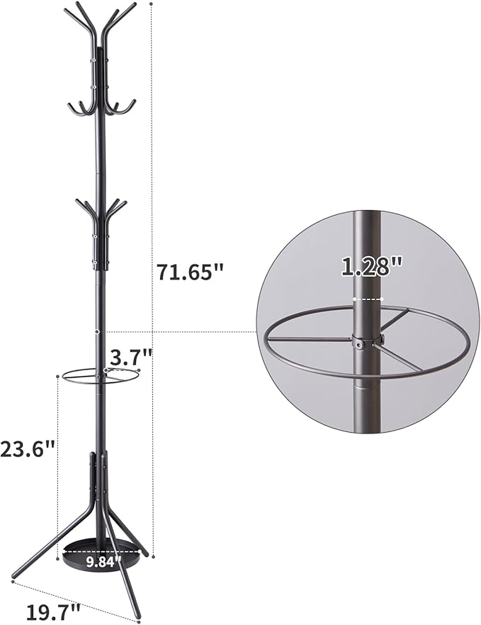 Kitsanery Coat Rack Freestanding,Metal Coat Tree with Umbrella Holder,Hat and Coat Rack Stand for Entryway, Hallway, Living Room, Bedroom (Black)