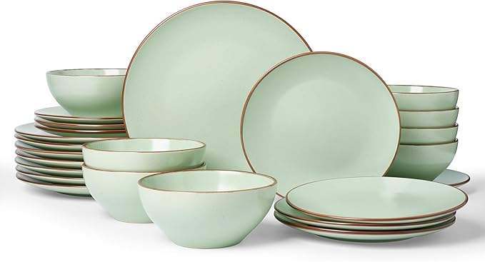 Famiware Venus Plates and Bowls Sets, 24 Pieces Stoneware Speckled Dishes Dinnerware Set for 8, Light Green - Microwave & Dishwasher Safe, Modern Minimalist, for Everyday Meals & Formal Dining