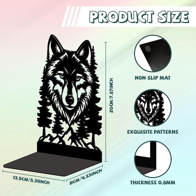 Peacoblue Metal Bookends for Shelves, Modern Decorative Heavy Duty Study Book Ends Stoppers for Office, Desk, Shelf, Room 5.3"x4.3"x7.9" Cast Iron Simple Tall Bookends 1 Pair (Wolf Head with Pines)