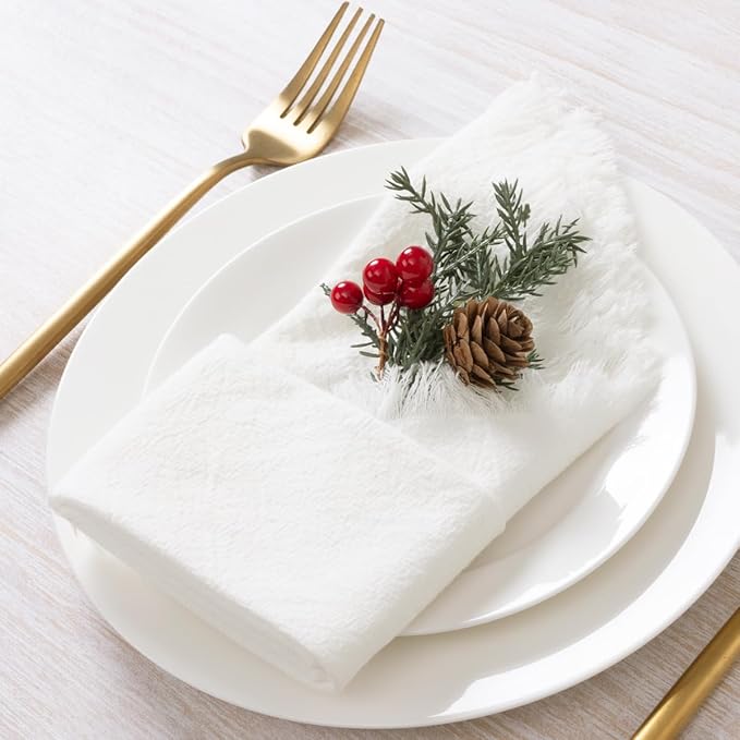 DeZerlor 12 Pack Ivory White Cotton Linen Napkins with Fringe Summer Cloth Napkins Set of 12 Boho Handmade Dinner Napkins Bulk for Wedding Bridal Baby Shower Parties, 17 x 17 Inches