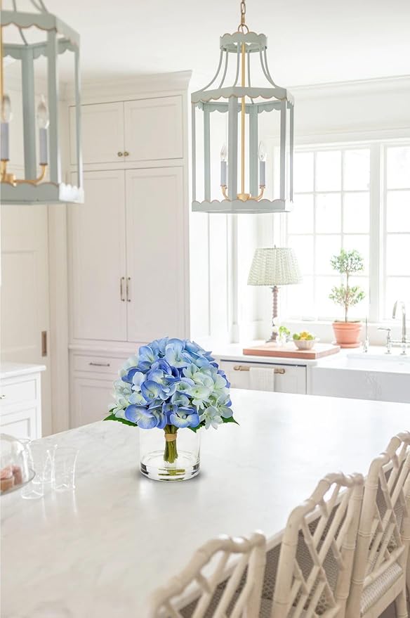 Hollyone Blue Hydrangea Artificial Flowers in Vase Latex Real Touch Small Faux Hydrangea Flowers Arrangements Hydrangeas Fake Flower with Glass Vase with Faux Water for Table Centerpiece Home Decor
