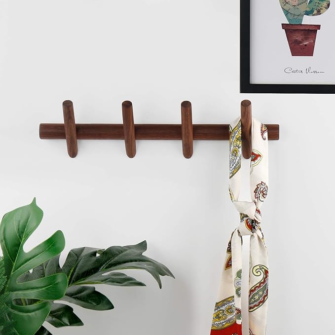 Wood Coat Hooks Wall Mounted Hat Rack Tower Hanger Wall Hooks Decorative Hanger with Pegs Entryway Bedroom Bathroom（Black Walnut,4 Hooks）