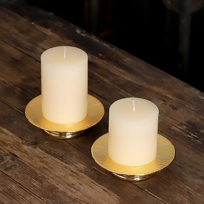 Ceramic Gold Candle Holders Set 2 Modern Pillar Candle Stand Candle plate Table Centerpiece Jewelry dish golden Tray riser display stand for Home,Dinning,Party,Wedding,Birthday,Anniversary Decorations