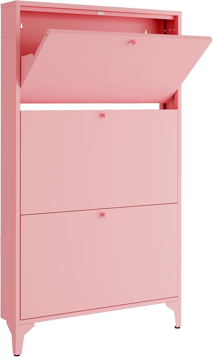 Slim Shoe Cabinet with 3 Flip Drawers,Narrow Shoe Cabinet,Freestanding Organizer,Metal Hidden Shoe Storage for Entryway,Hallway,Living Room (Width 27.56, Pink)