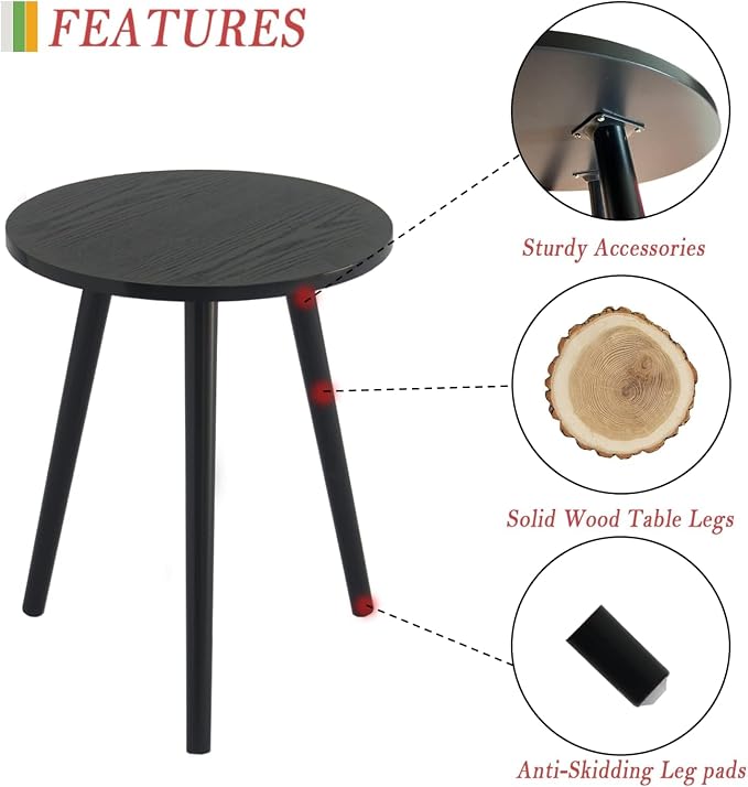 AWASEN Round End Table, Black Side Table Modern Home Decor Small Accent Table for Small Space Living Room, Bedroom and Balcony, Easy Assembly, 19.69''H x 15.7''Dia (Black)