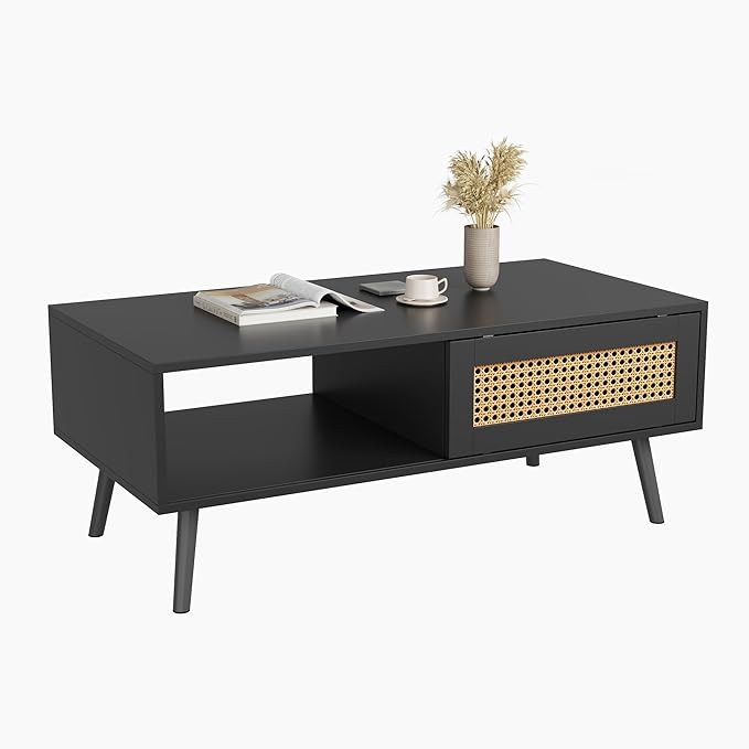 IDEALHOUSE Rattan Coffee Table with Storage, Farmhouse Boho Center Sofa Table with Sliding Door and Open Shelf for Living Room, Bedroom