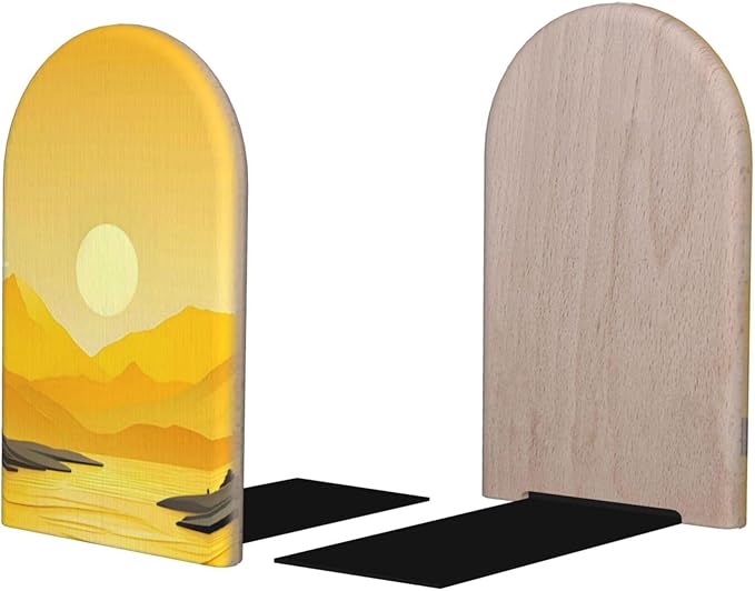Yellow Sunrise Wood Book Ends for Shelves, Non-Skid Bookends for Office, Library, and Home Decor, 1 Pair