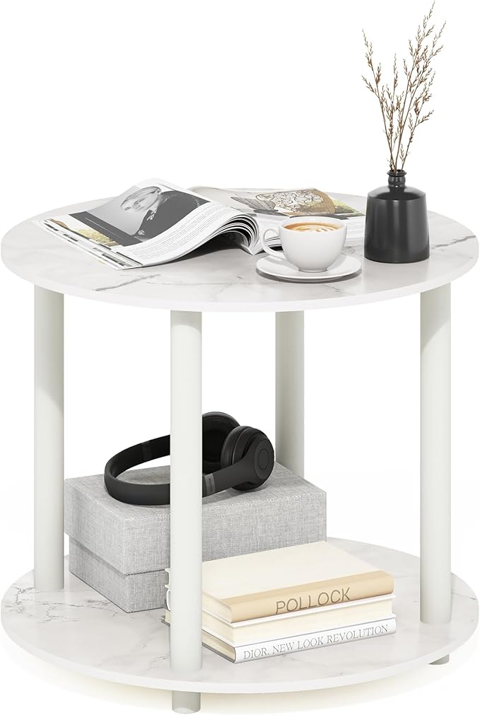 Furinno Turn-N-Tube Simple Design 2-Tier Round Wooden Small Coffee Table, Marble White