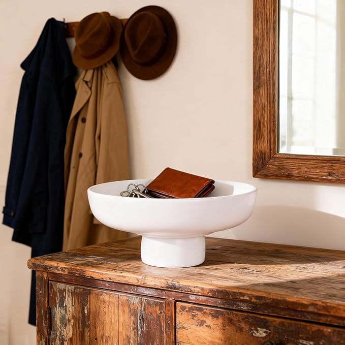 QIANLING White Pedestal Bowl for Home Decor - Matte White Resin Decorative Fruit Bowl for Kitchen Counter, Coffee Table or Entryway, Modern Centerpiece Bowl for Keys, Candy