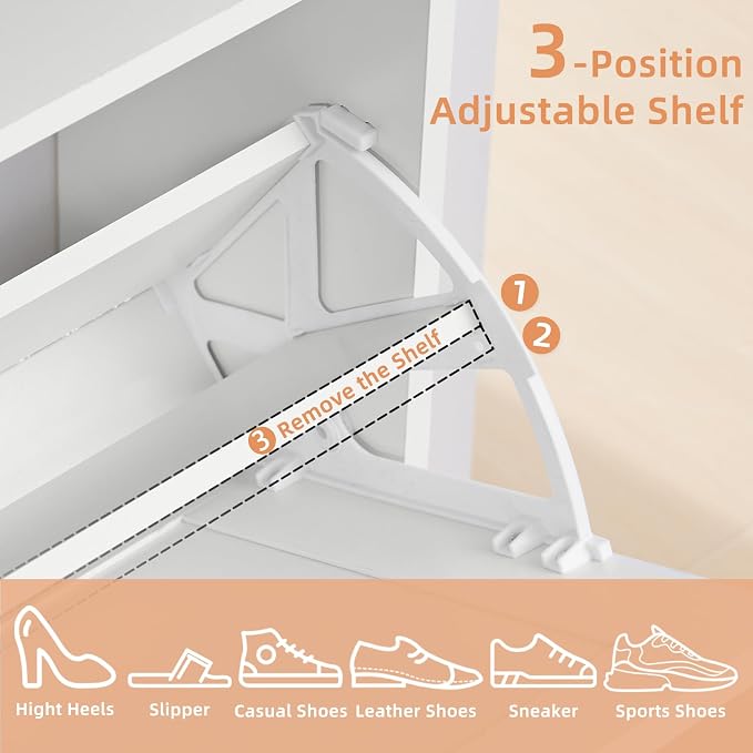Joaxswe Shoe Cabinet Storage for Entryway with 2 Flip Drawers 2 Hook Open Storage Layer Rack Narrow Organizer Slim Hidden Wood Shoe Cabinet Furniture White