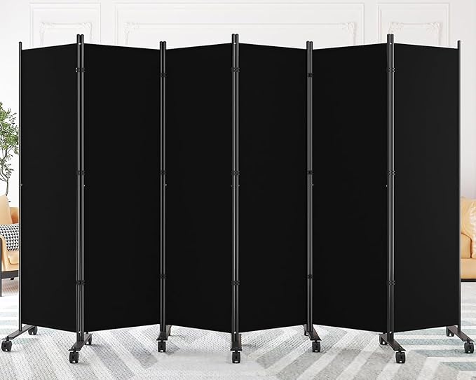 SUNALLY Room Divider 6FT Folding Privacy Screens with Lockable Wheels, 6 Panel Room Partition for Room Separator, 132" W Freestanding Portable Fabric Wall Dividers for Home Dorm Studio Office, Black
