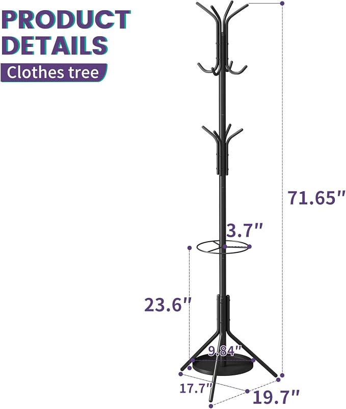 Coat Rack Freestanding,Entryway Hanger Stand,Umbrella Holder,Hall Tree With 12 Hooks, Floor Standing Metal Tree Stand,Black