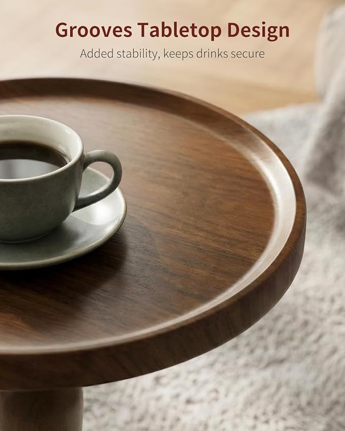 Relefree 12.6" Small Drink Table,Round Side Table with Thickened & Widened Pedestal Base,Martini Table with Waterproof Edge,Modern Solid Wood Tray Top End Table for Small Spaces,Corners,Walnut Pattern