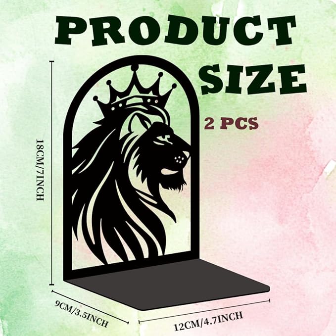 INFUNLY 1 Pair Metal Book Ends for Shelves Crown Lion Non-Skid Bookshelf Holder Stand Black Book Stopper Support for Desktop 7.1x4.7x3.5 for Home Office Library School Kitchen Decor