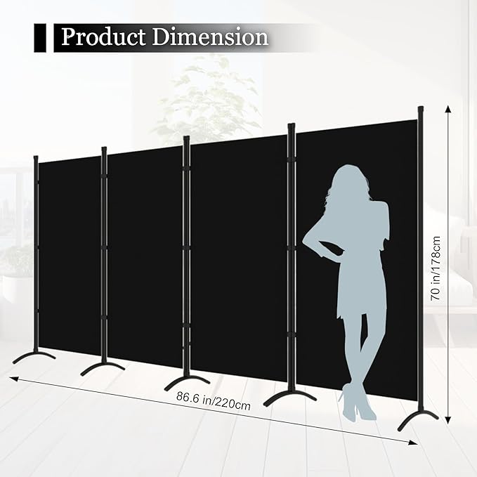 Room Divider, 6FT Tall Folding Partition Room Dividers 4 Panel, Portable and Freestanding Room Divider Screen Wall Divider for Home and Office, Black