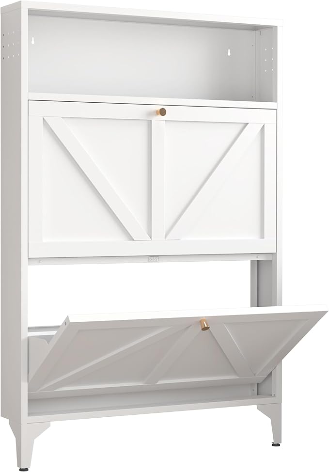 Farmhouse Shoe Storage Cabinet with 2 Flip Drawers, Slim Shoe Cabinets and Barn Door Design, Modern Hidden Slim Narrow Shoe Rack Cabinet for Foyer, Front Door,Living Room,Hallway, White
