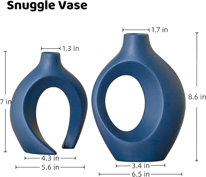 Liotww Snuggle Hollow Ceramic Vase Set of 2, 8.4 Inch Hug Donut Modern Nordic Boho Style Vases for Home Decor Anthropologie Aesthetic Living Room Shelf Coffee Table Decorative (Navy Blue)