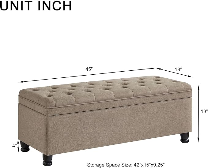 Upholstered Tufted Button Storage Bedroom Bench,Classic Linen Fabric Storage Ottoman Bench for End of Bed with Solid Wood Leg,Living Room,Entryway,Brown