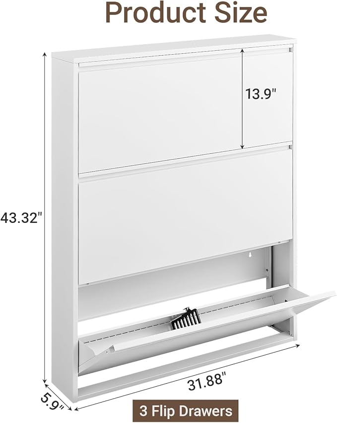 Metal Shoe Cabinet with 3 Flip Drawers, Slim Wall Mounted Steel Shoe Storage Organizer for Entryway, Hallway and Mudroom, White