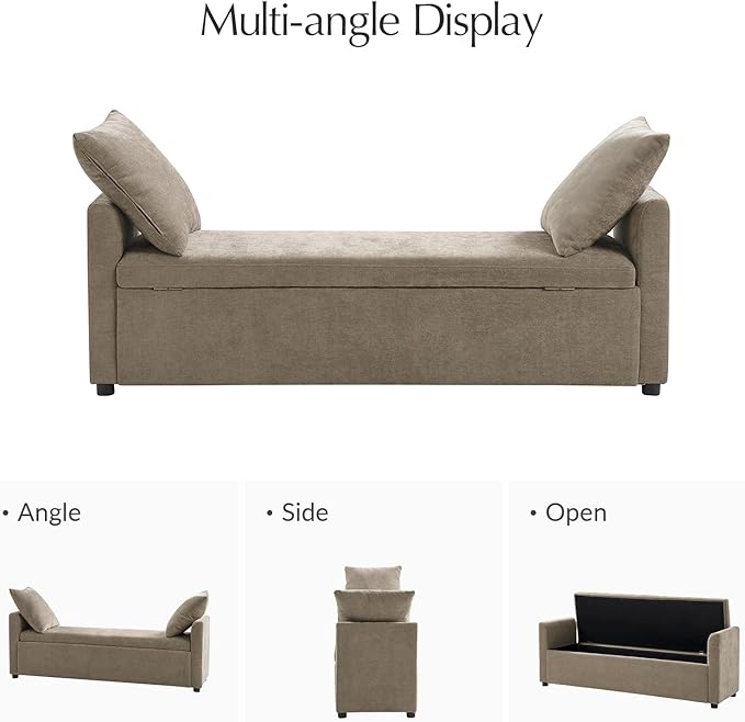 59.5" Modern Storage Ottoman Bedroom Bench, End of Bed Bench with Arms and Throw Pillows, Footrest Stool for Living Room, Dining Room, Entryway and Hallway, Brown