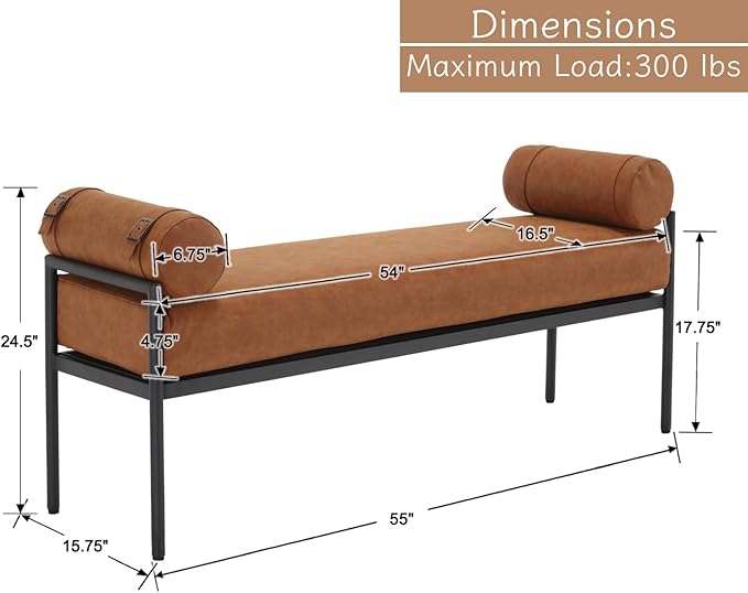 Shunzhi Brown Leather Modern End of Bed Bench Upholstered Entryway Bench with Detachable Cylindrical Pillows/Metal Legs PU Ottoman Bench for Living Room/Bedroom/Hallway/Corner, 55Inch