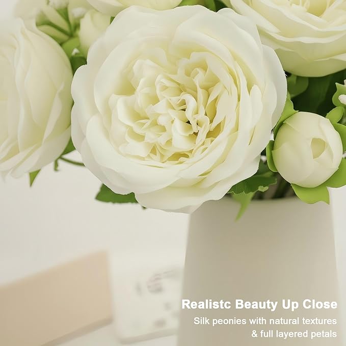 Ceramic Vase with Artificial Peony Flowers - Modern Farmhouse Home Decor Deals - Matte Ivory White Pottery Centerpiece for Living Room Coffee Table Bedroom Kitchen & Dining Gift