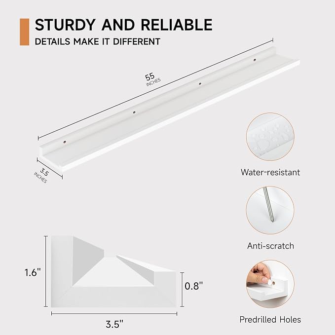 Floating Picture Ledge Shelves for Wall Set of 2, 55 Inches Picture Shelf with Ledge, Nursery Book Shelf for Toys Storage Kids Bookshelf Wall Mounted Living Room Bedroom Decor Frames, White