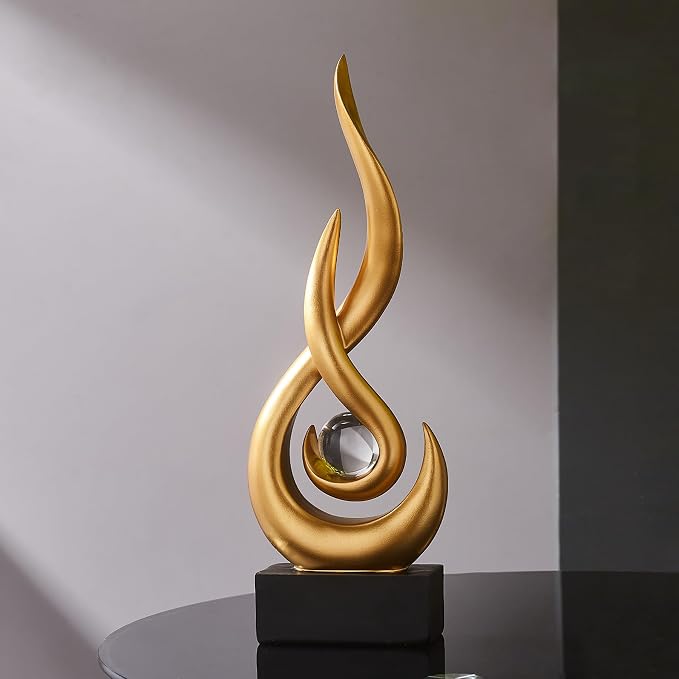 FJS Gold Decor Modern Flame Statue Home Decorations for Living Room, 13.7" H Resin Sculptures Home Décor Accents, Abstract Art Sculpture for Dining Room Office Coffee Table Centerpiece