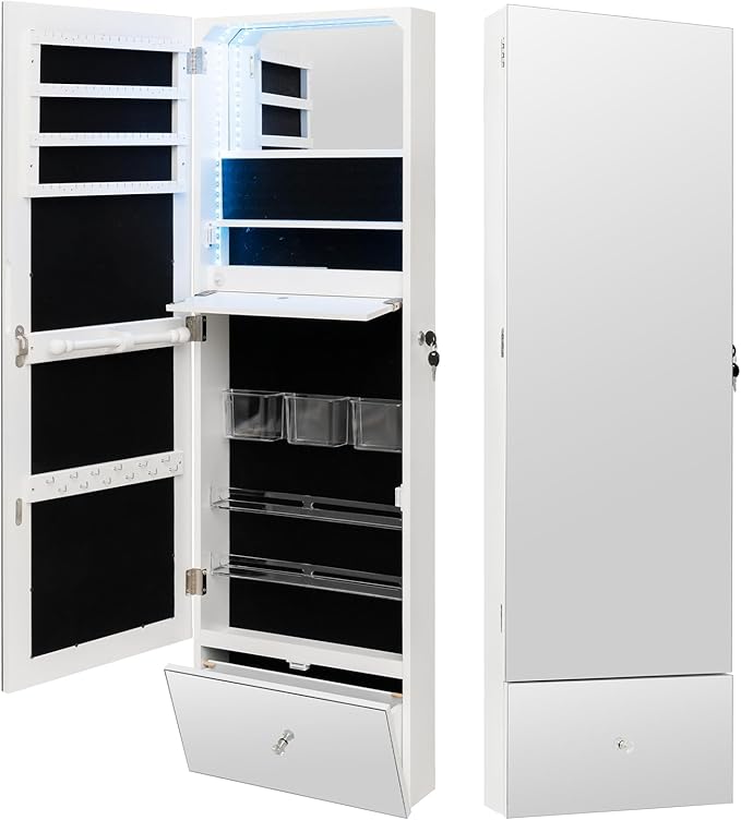 GOFLAME Jewelry Cabinet Armoire Wall Mounted, Lockable Jewelry Storage Organizer with Full-Length Mirror, 3-Color LED Lights, Inner Mirror, 47.2" Tall Jewelry Armoire for Living Room, Bedroom, White