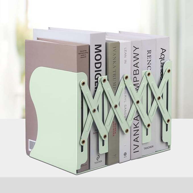 Honagu Adjustable Bookends, Metal Book Ends for Shelves Heavy Book, Desk Magazine File Organizer for Home, Office, Books, Papers, Extends up to 19 inches (Macaron Green)
