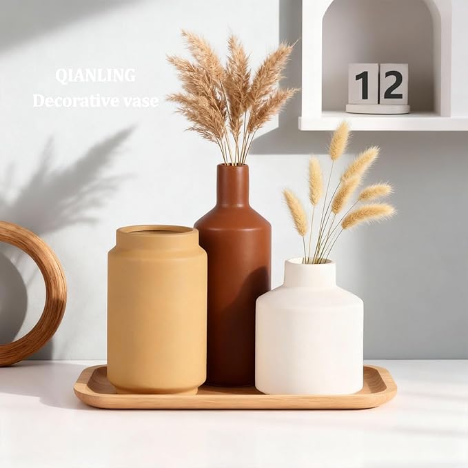 Ceramic Vase Set of 3 - Modern Neutral Vases Home Decor, Minimalism Decorative Vases, Boho Decor Small Flower Vase for Shelf, Dining Table Entryway Mantel Centerpiece Bookshelf Living Room Bathroom