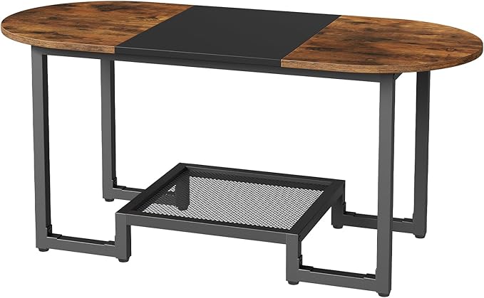 HOOBRO Coffee Table, Oval Small Coffee Table with 2-Tier Storage Shelf, Narrow Modern Center Table for Small Spaces, Living Room, Bedroom, Office, Rustic Brown and Black BFK12KF01