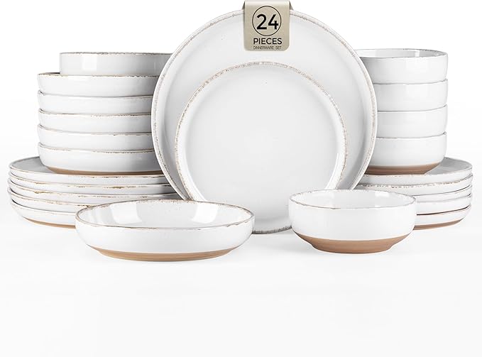 AmorArc Dinnerware Sets for 6, 24 Pieces Plates and Bowls Set with24 Handbrush Rim, Scratch Resistant Stoneware Dishes Set, Dishwasher & Microwave Safe, White