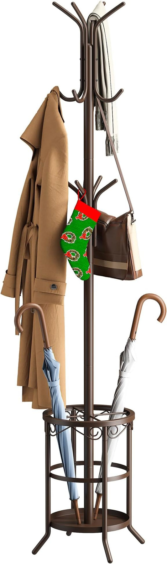 Coat Rack Freestanding with Umbrella Stand Coat Rack Stand with 12 Hooks Metal Coat Tree Coat and Hat Hanger Jacket Entryway(Brown)