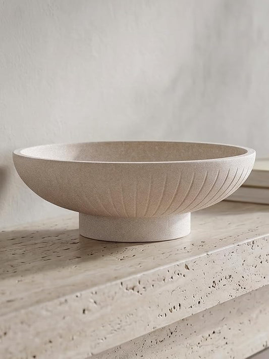 Minimalist Decorative Pedestal Bowl, 11.2''D Resin Vertical Stripes Catch All Bowl for Keys, Candles, Boho Large Dish for Coffee Table Centerpiece, Entryway Console Table, Beige White