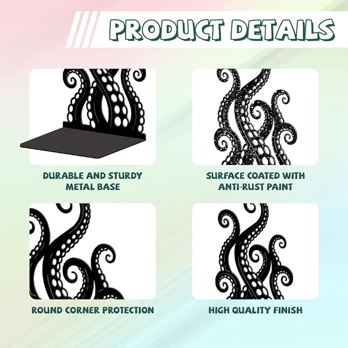 Peacoblue Metal Bookends for Shelves, Modern Decorative Heavy Duty Study Book Ends Stoppers for Office Desk Shelf, Room 5.3"x4.3"x7.9" Cast Iron Tall Bookends 1 Pair (Octopus and Ocean)